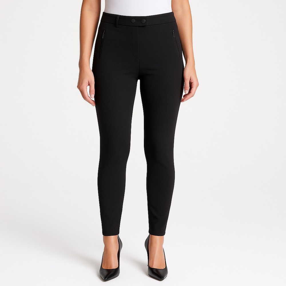 Vince Black Ponte Knit Slim Pants Size 8 Double Snap Waist Zip Pockets